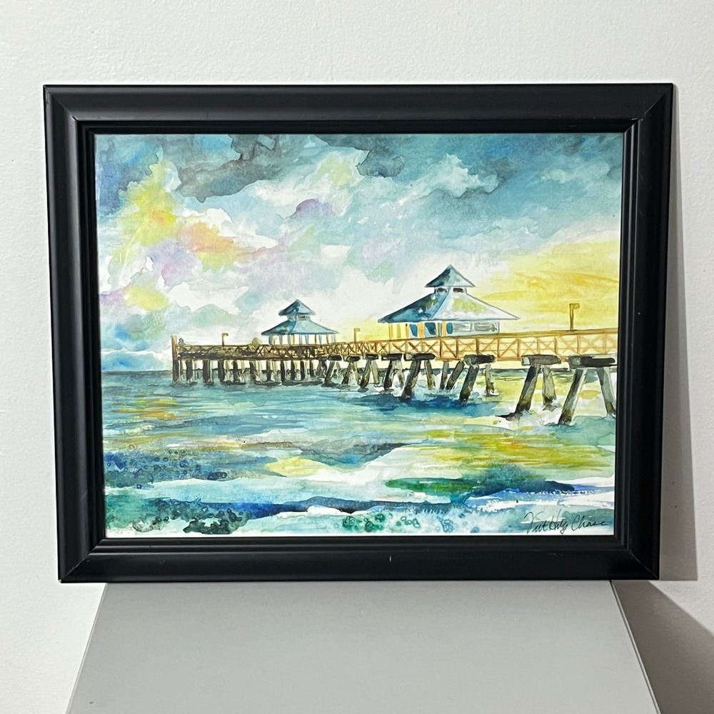 Dorothy Chase Framed Watercolor Print Unisex 14x11 Blue Beach Pier Seascape